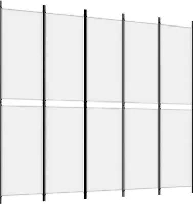 A white room divider with black frames.