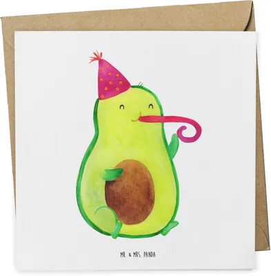 Produktbild von Mr. & Mrs. Panda Grußkarte Avocado Feier - Weiß - Geschenk, doppelkarte, Geburtstag, faltkarte, Gute Laune, anlasskarte, Party, Tröte, Glückwunschkarte, Klappkarte