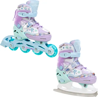 A pair of inline skates and a pair of ice skates, both with a purple, light blue, and white design, are displayed against a white background. The inline skates are shown from the side, while the ice skates are shown from a diagonal angle.