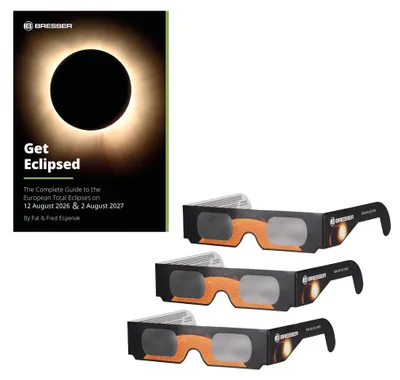 Produktbild von Bresser Sonnenfinsternis Booklet Englisch 2026 2027 mit 3 Sonnenfinsternis Brillen EN ISO 12312 2 für sichere Sonnenbeobachtung