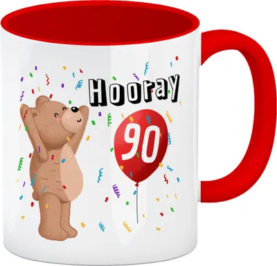 Produktbild von Witziger Kaffeebecher Rot für den 90. Geburtstag mit Motiv: Hooray