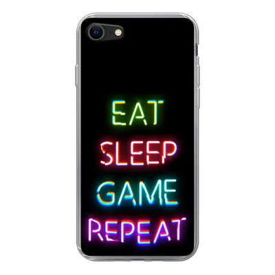Produktbild von MuchoWow® Handyhülle Schutzhülle Hülle für iPhone 7 Gaming - Led - Zitat - Eat sleep game repeat - Gaming Silikon Softcase Handy Hülle - Kartenhalter