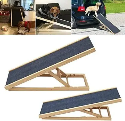 Zdjęcie produktu dla Rampa dla psa wykonana z drewna - schodki dla psa do samochodu i wysokiego łóżka - 70 x 35 x 30/40 cm