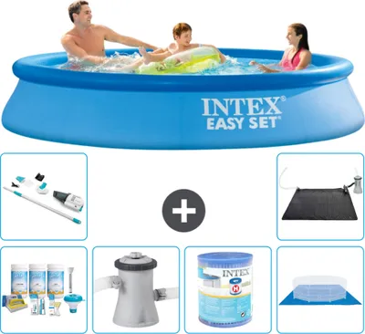 Produktbild von Intex runder aufblasbarer Easy Set-Pool – 305 x 61 cm – Blau – im Lieferumfang enthalten Wartungspaket - Filterpumpe für Schwimmbad - Filter - Bodenplane - Staubsauger - Solarmatte