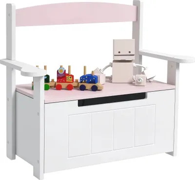 Image de Banc avec espace de rangement pour enfants - Avec dossier - Couvercle rembourré - Capacité de charge 30 kg - Dimensions 68,5 × 34 × 58 cm - Respectueux de l'environnement - Rose