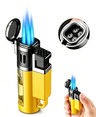 Immagine prodotto di Accendino Jetflamme, giallo, con serbatoio del gas visibile, ricaricabile, resistente al vento, con fiamma a 4 getti