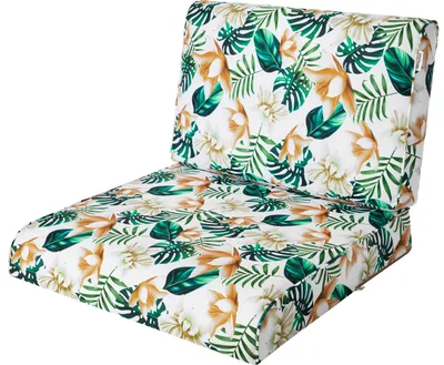 A cushion set for a chair with a tropical floral pattern.