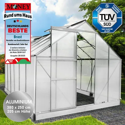 Produktbild von BRAST Gewächshaus Aluminium mit Fundament | 380x250x205cm | 6mm Hohlkammerplatten | rostfrei wetterfest temperaturbeständig | Silber