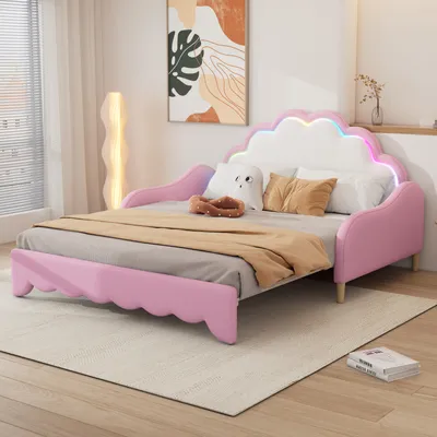 Zdjęcie produktu dla Łóżko tapicerowane Fortuna Lai 140x100cm/140x200cm, łóżko dziecięce z LED, rozkładana sofa z listwowym stelażem i zagłówkiem, łóżko młodzieżowe, PU, różowe