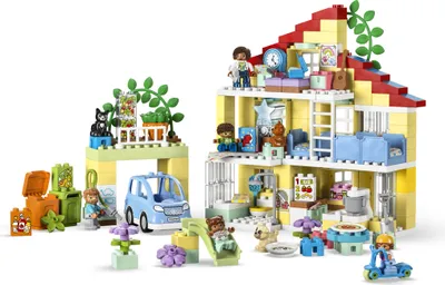 Productafbeelding van LEGO 10994 DUPLO 3-in-1 Familiehuis, een bouwwerk met een poppenhuis, een auto met Push&Go functie, 5 figuurtjes, 2 dieren en een speellamp. Een leuk cadeau voor peuters, meisjes en jongens vanaf 3 jaar