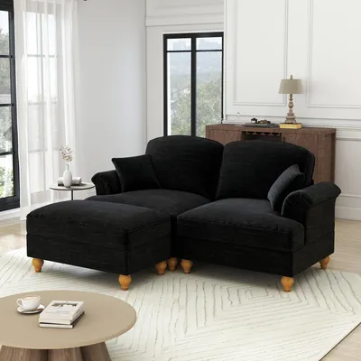 Image de OKWISH Canapé Modulable Moderne 2 Places avec Accoudoirs Forme d’Entonnoir, Pouf et Jupe Amovible, Pieds Fuselés - Chenille Noir