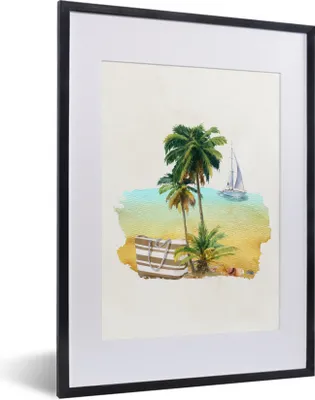 Produktbild von MuchoWow® MuchoWow® Gerahmtes Poster Strand - Palme - Boot - Aquarell 30x40 cm - Poster mit zchwarzem Bilderrahmen - Wandposter Schlafzimmer