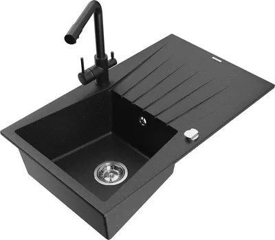 Produktbild von Mexen Cesar 1 Becken-Granitspüle mit Abtropffläche und Mischbatterie Duero, Schwarz/Silbermetallic - 6514-73-671600-70
