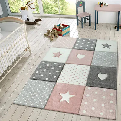 Produktbild von TT Home Teppich Kinderzimmer Kinderteppich Sterne Herz Punkte Kurzflor Pastell Größe 133 cm Quadrat