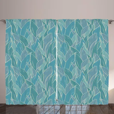Produktbild von ARANDE Botanisch Gardine, Blumenthema Natürliche Abbildung der abstrakten Blatt Muster in bläulichen Farben, 280 x 245 cm, Mehrfarbig