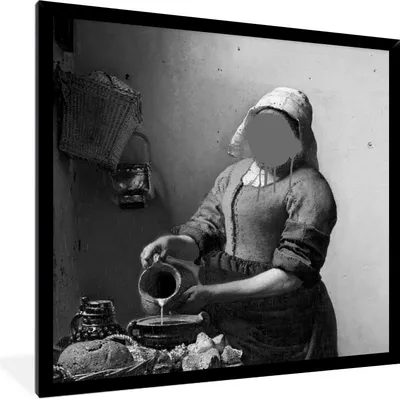 Produktbild von MuchoWow® Gerahmtes Poster Das Milchmädchen - Johannes Vermeer - Schwarz und weiß 40x40 cm - Poster mit Schwarzem Bilderrahmen Wandposter Rahmen Foto Bilder - Mit Rahmen - Wanddekoration Schlafzimmer
