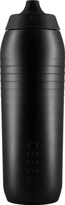 A black water bottle shown in a studio setting.