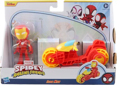 The image shows a toy action figure of Iron Man with a motorcycle, packaged for sale.