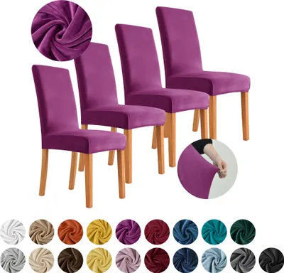 Produktbild von MEBLE ODNOWA, Stuhlhusse, Stuhlbezug, Standardgröße, Samt, Lila, 4er Set, Velours, elastisch, Stuhlbezüge, Stuhlhussen, maschinenwaschbar