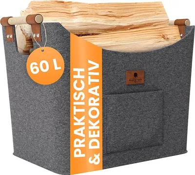 Produktbild von BLACK OAK Montana XL 60L Holzkorb aus Filz grau – Kaminholz und Brennholz Korb mit Griffen und Echtleder Applikationen