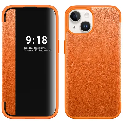 Obrázek produktu pro Pouzdro pro iPhone 15 tenkéPolyuretankožené klopové pouzdro s okénkem pro zobrazení Pomerančový