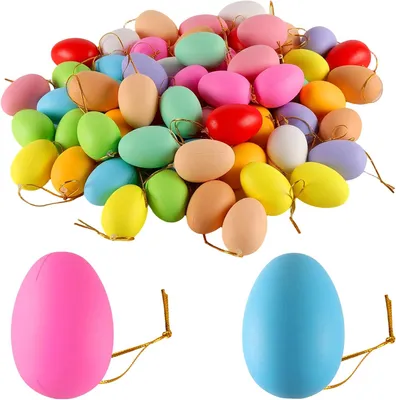 Productafbeelding van Plastic paaseieren om op te hangen - Set van 60 - 6 x 4 cm - Kleurrijke plastic eieren om te beschilderen - Geschenken