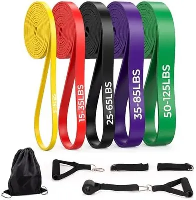 Produktbild von Hoikwo Widerstandsbänder Set mit 5 Widerstandsstufen,Fitnessbänder inkl.Türanker,Griffen und Aufbewahrungstasche,Resistance Bands für Dehnen,Yoga,Pilates und Ganzkörpertraining