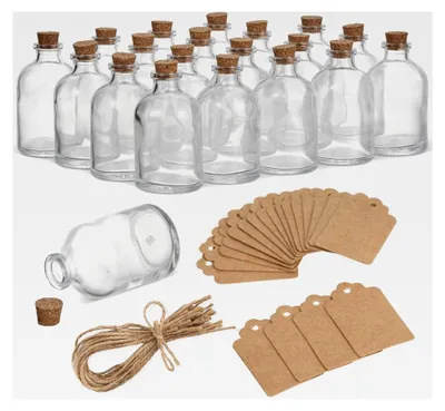Produktbild von 20 Mini-Glasflaschen mit Korken und Etiketten, 50 ml - Basteln, DIY, Gewürze, Gastgeschenke, Deko, Hochzeiten