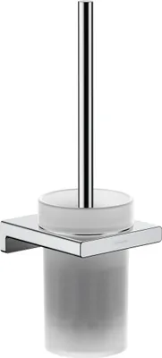 A toilet brush holder with a chrome handle and a frosted glass cup, mounted on a wall.