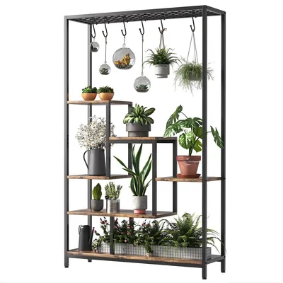 Imagen del producto de Estantería industrial para plantas de 5 niveles, grande, de metal y madera, con 6 ganchos, de 180 cm de altura, color marrón