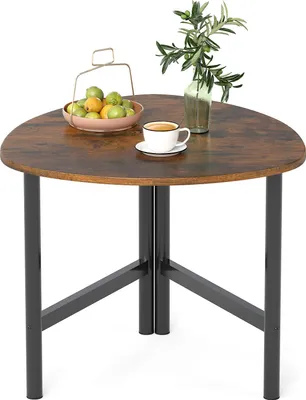 Image de COSTWAY Table basse triangulaire, table basse avec pieds métalliques, table d'appoint, table cocktail triangulaire avec accents en bois, brun rustique et noir