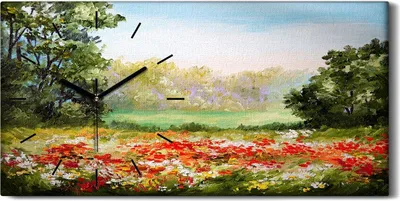Produktbild von Wandbild Leinwand Bilder mit Uhr 60x30 Malerei Wiese Blumen Bäume Natur - schwarze Hände