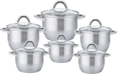 A set of six stainless steel pots with glass lids arranged in a semi-circle.