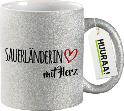Produktbild von Huuraa Glitzertasse Sauerländerin mit Herz 330ml Silber Keramik Kaffeebecher Geschenkidee