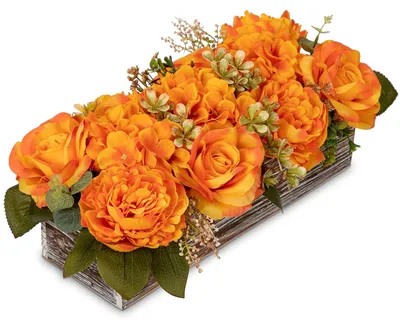 Productafbeelding van Kunstbloemen in Houten Vaasje - Gele Rozen en Pioenrozen