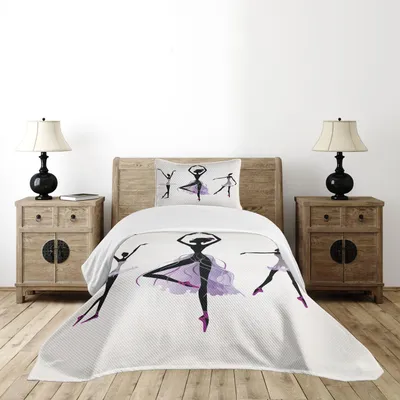 Produktbild von ABAKUHAUS Ballett Tagesdecke Set, Ballerina Silhouetten Üben klassischer Tanz Darstellende Kunst Theater, 170 x 220 cm, Grau Weiß Schwarz Lila