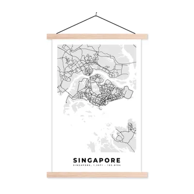 Produktbild von MuchoWow® Textilposter Singapur - Karte - Stadtplan - Schwarz und weiß - Karte 60x90 cm mit holzfarbenen Rahmen - Textil