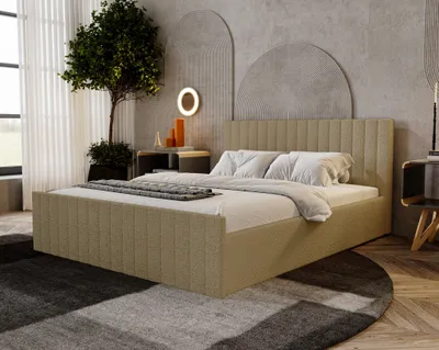 Image de Lit double Bouclé 180x200 Billo Slim - Lit rembourré avec sommier à lattes, coffre de rangement - Bouclé Beige