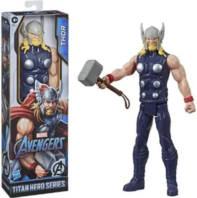 A Thor action figure is shown next to its packaging. The packaging features artwork of Thor and the Marvel Avengers logo.