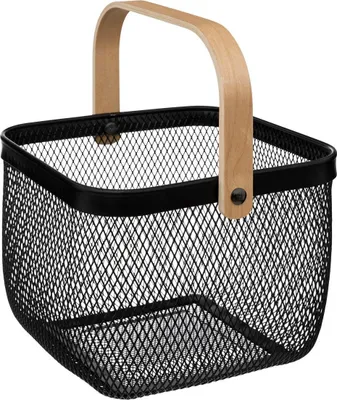A square black wire basket with a wooden handle.