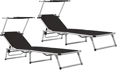 Produktbild von Klappbare Sonnenliege mit Dach 2er Set, Aluminium Textilene Liegestuhl, Gartenliege Strandliege Pool Terrasse Balkon Outdoor, verstellbare Rückenlehne und Sonnenschutz