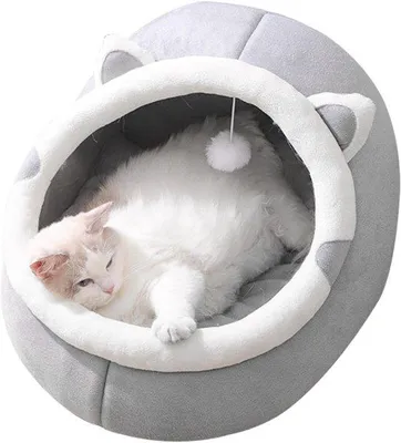 Productafbeelding van Kattenbed voor binnen – Halfgesloten kattenhol met hangspeelgoed en een afneembaar kussen, wasbaar en comfortabel