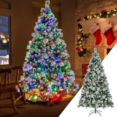 Produktbild von COSTWAY 210cm Künstlicher Weihnachtsbaum LED, beleuchteter Tannenbaum mit Kiefernzapfen & roten Beeren & Metallständer, 11 Lichtmodi, Christbaum PVC Kunstbaum Weihnachten, grün