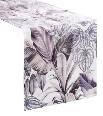 Image de Eurofirany 468252, Rectangulaire, Blanc, Polyester, Nappe à rayures, Motifs de feuilles, 40 x 140 cm