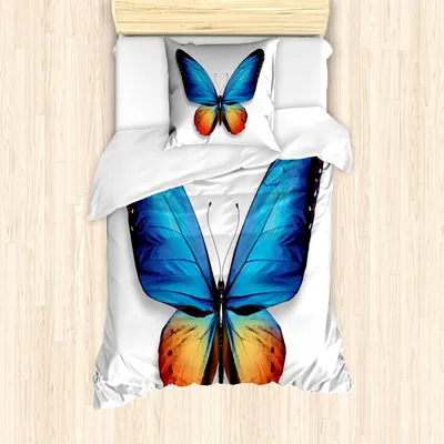 Produktbild von ABAKUHAUS Schmetterling Mantele, Zyklus des Lebens Theme, Milbensicher Allergiker geeignet mit Kissenbezügen, 135 cm x 200 cm - 80 x 80 cm, Orange Blau Schwarz