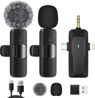 Produktbild von Kabelloses Lavalier Mikrofon für iPhone/Android Telefon/Kamera/Computer/Laptop, Professionelles Mini Ansteckmikrofon mit USB-C/3,5 mm/USB-Stecker