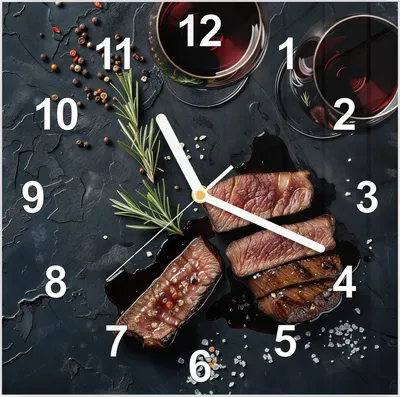 Produktbild von Wanduhr aus Glas mit Motiv Steak und Rotwein- 30 x 30 cm - inkl. Aufhängesystem