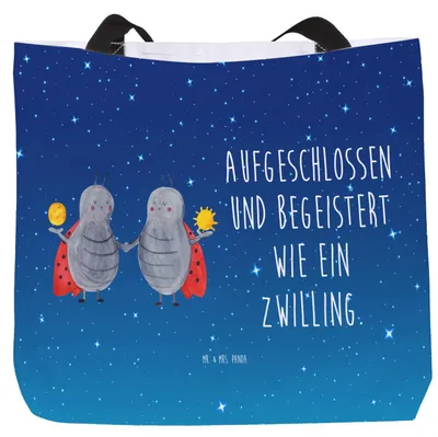 Produktbild von Mr. & Mrs. Panda Schultasche Sternzeichen Zwilling - Sternenhimmel Blau - Geschenk, Glückskäfer, Tote Bag, Strandtasche, Stoffbeutel, Zwillinge, Reisetasche, Marienkäfer