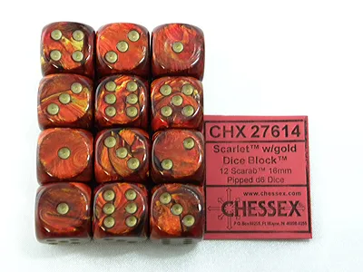 Productafbeelding van Chessex Scarab W6 dobbelstenen, set van 12, kleur: robijnrood/goud