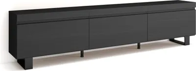 A long, black TV cabinet with three doors and metal legs, shown against a white background.